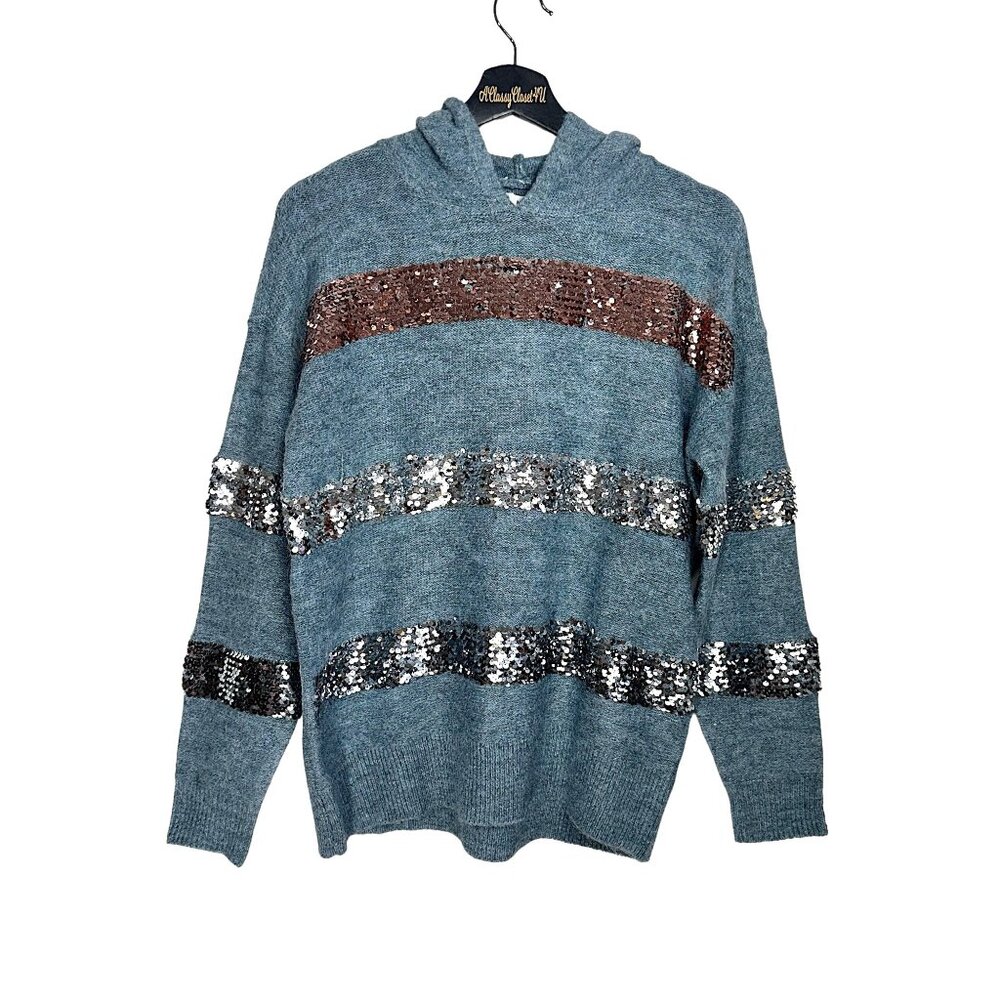 Nine West Blue Sequined Striped Pullover Long Sleeve Hoodie Sweater S